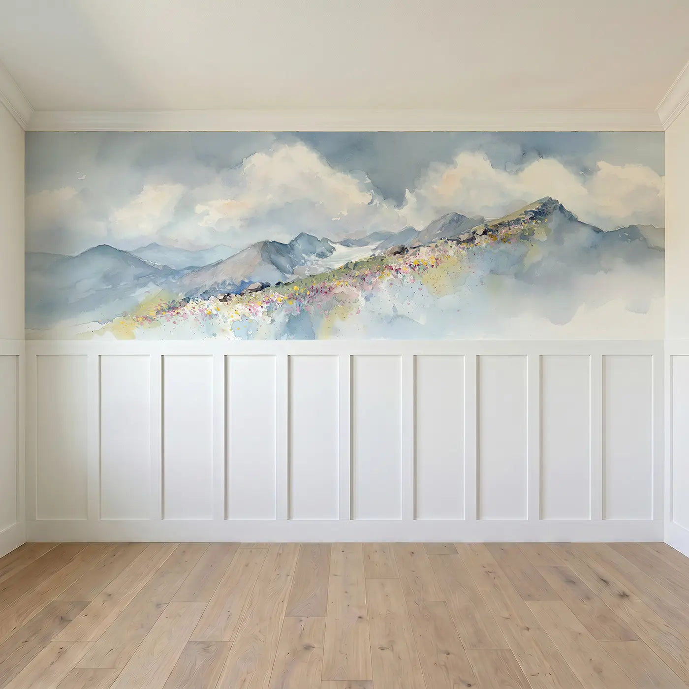 Full panel view of Alpine Wildflower Ridgeline Wainscoting Wallpaper by Whimsy Tots