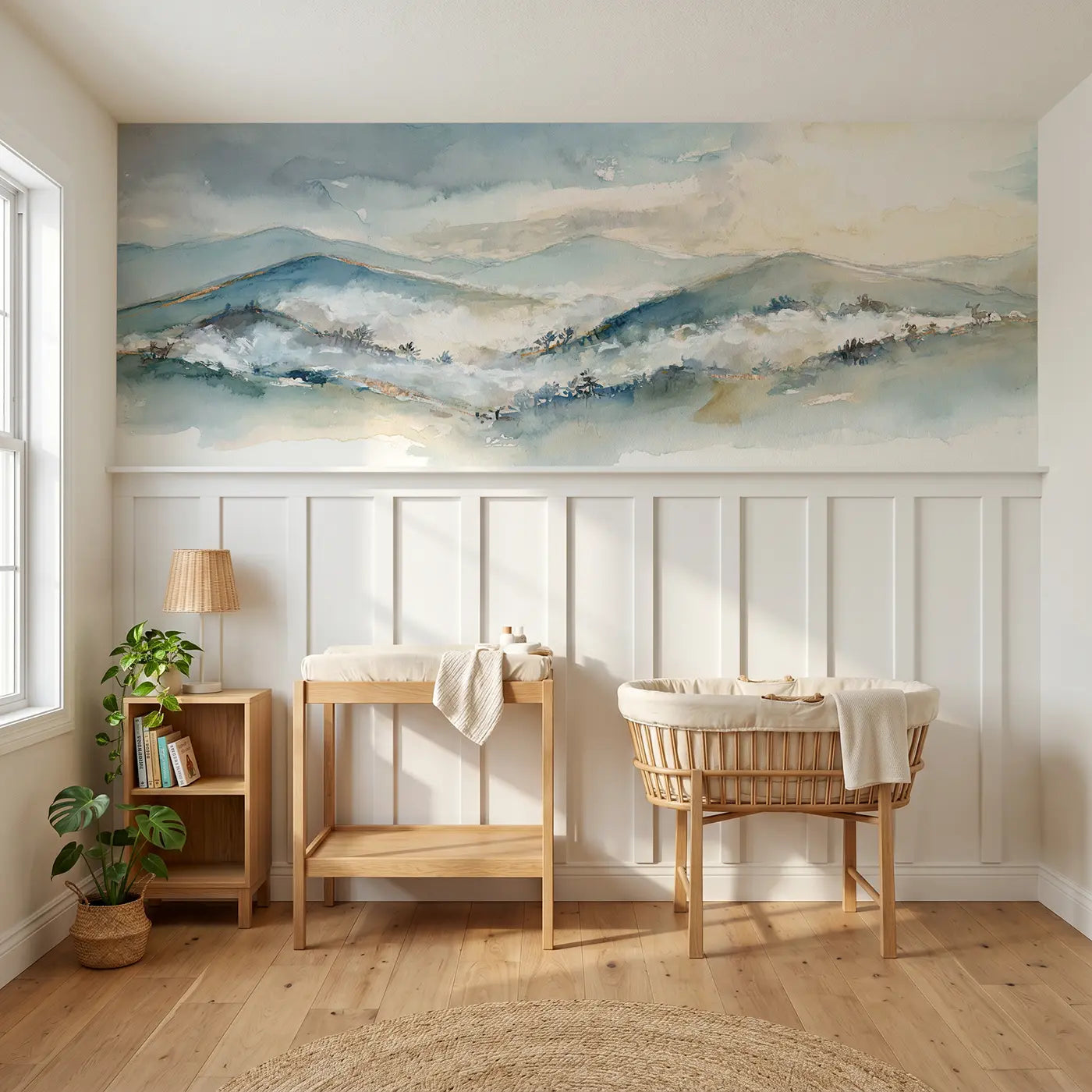 Watercolor valley fog wainscoting wallpaper for nursery by Whimsy Tots