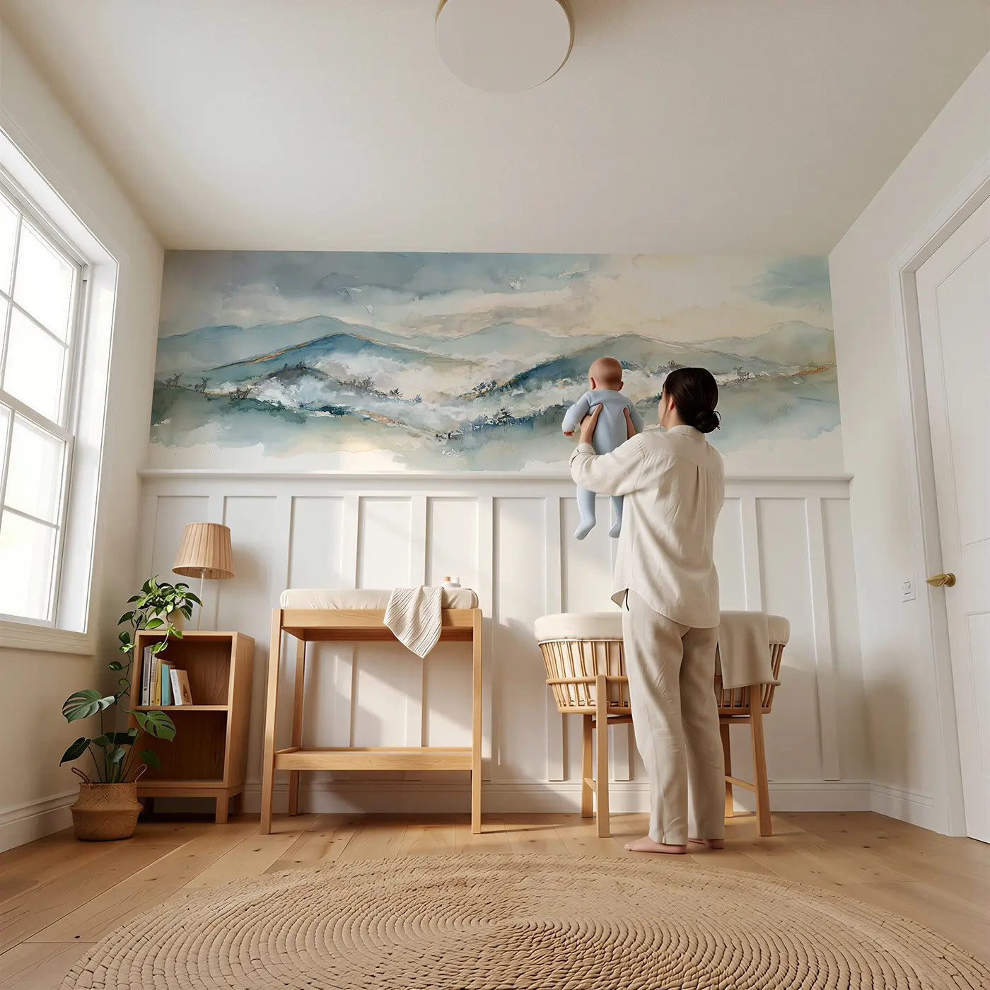 Child reading near Watercolor Valley Fog Wainscoting Wallpaper by Whimsy Tots