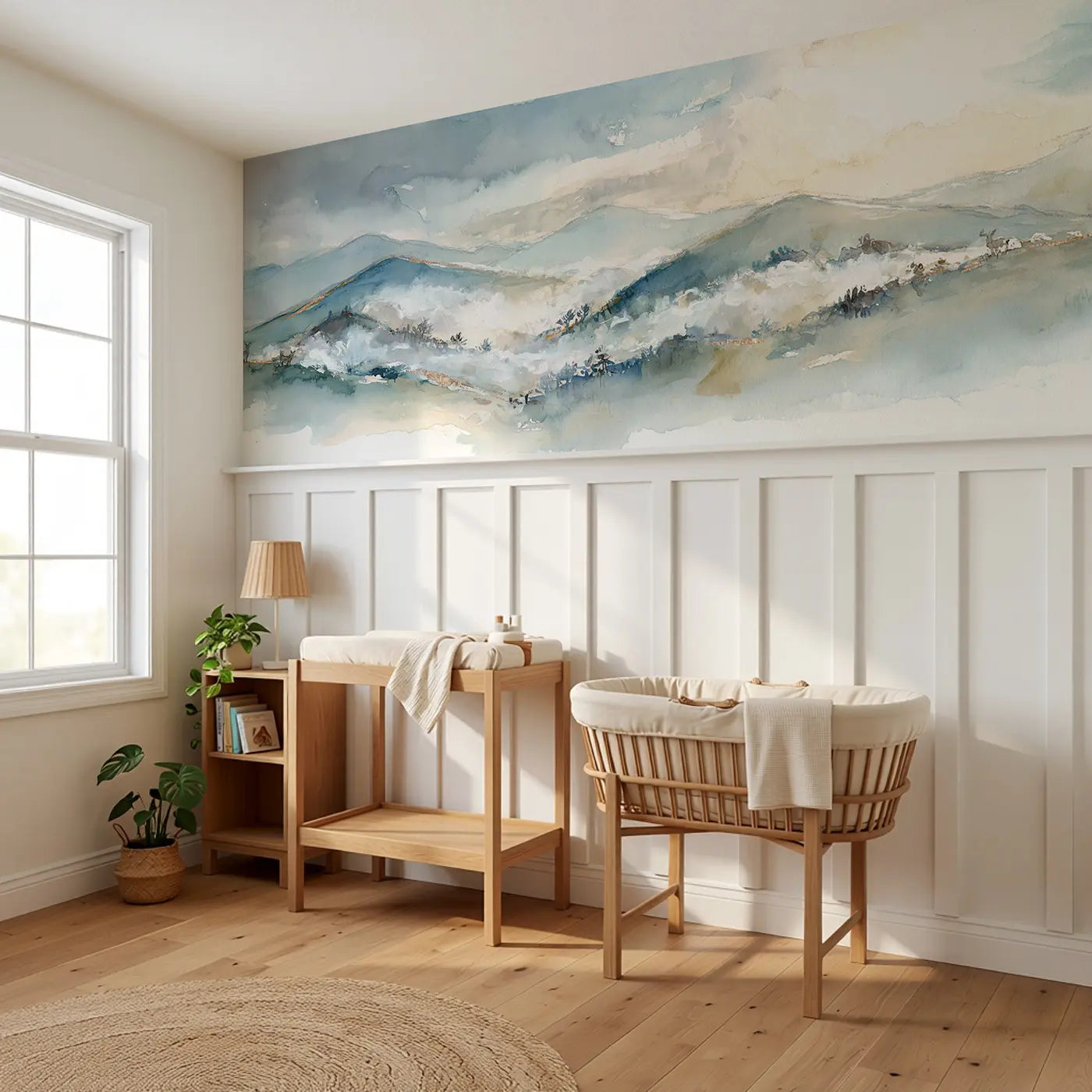 Watercolor Valley Fog Wainscoting Wallpaper styled in a kids bedroom by Whimsy Tots