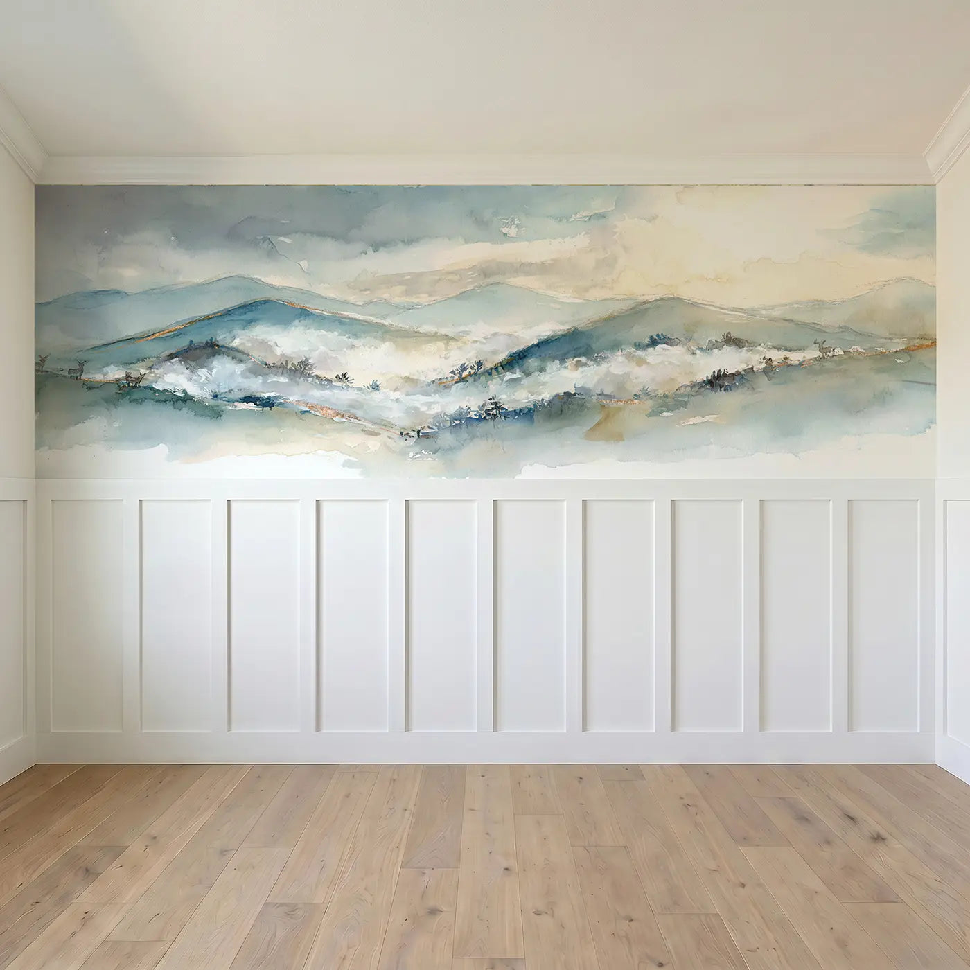 Full panel view of Watercolor Valley Fog Wainscoting Wallpaper by Whimsy Tots
