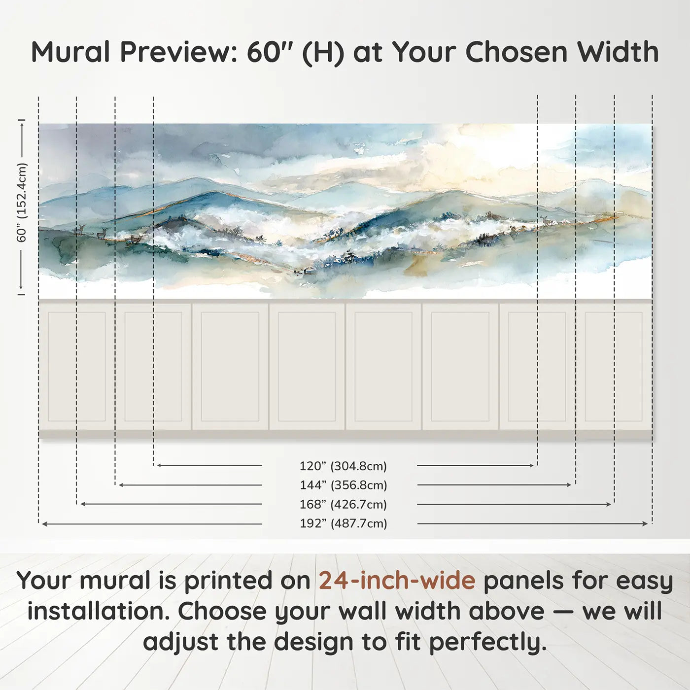 Panel dimensions for Watercolor Valley Fog Wainscoting Wallpaper by Whimsy Tots