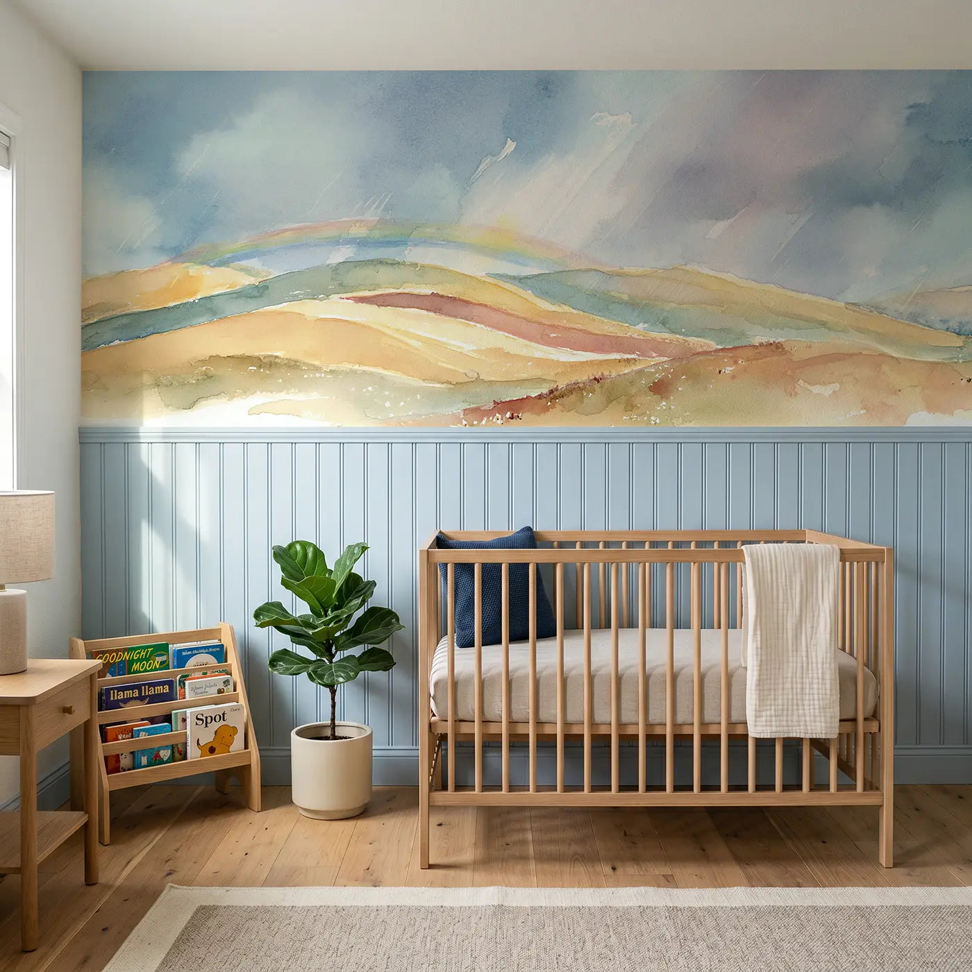 Watercolor painted hills rainbow wash wainscoting wallpaper for nursery by Whimsy Tots