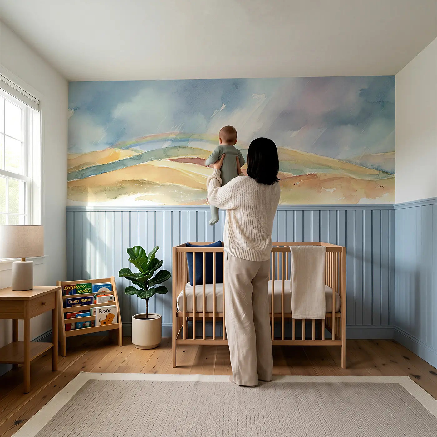 Child reading near Painted Hills Rainbow Wash Wainscoting Wallpaper by Whimsy Tots
