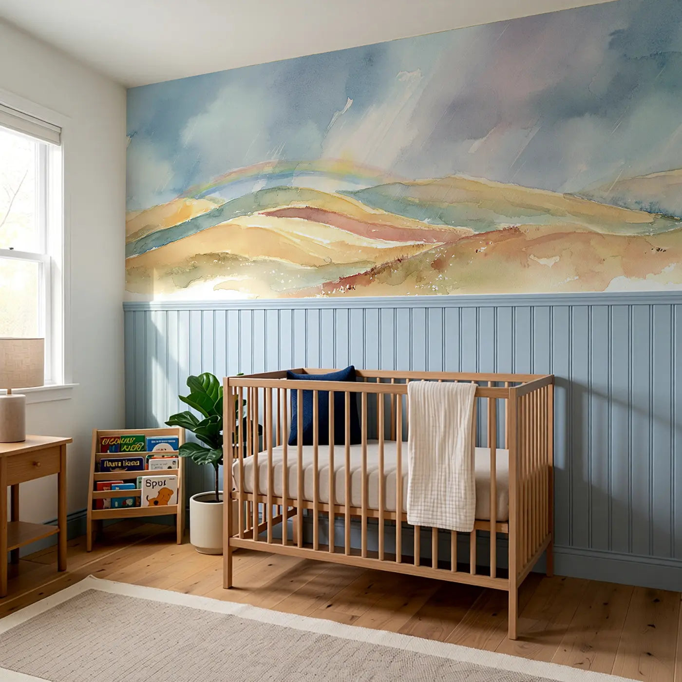 Painted Hills Rainbow Wash Wainscoting Wallpaper styled in a kids bedroom by Whimsy Tots