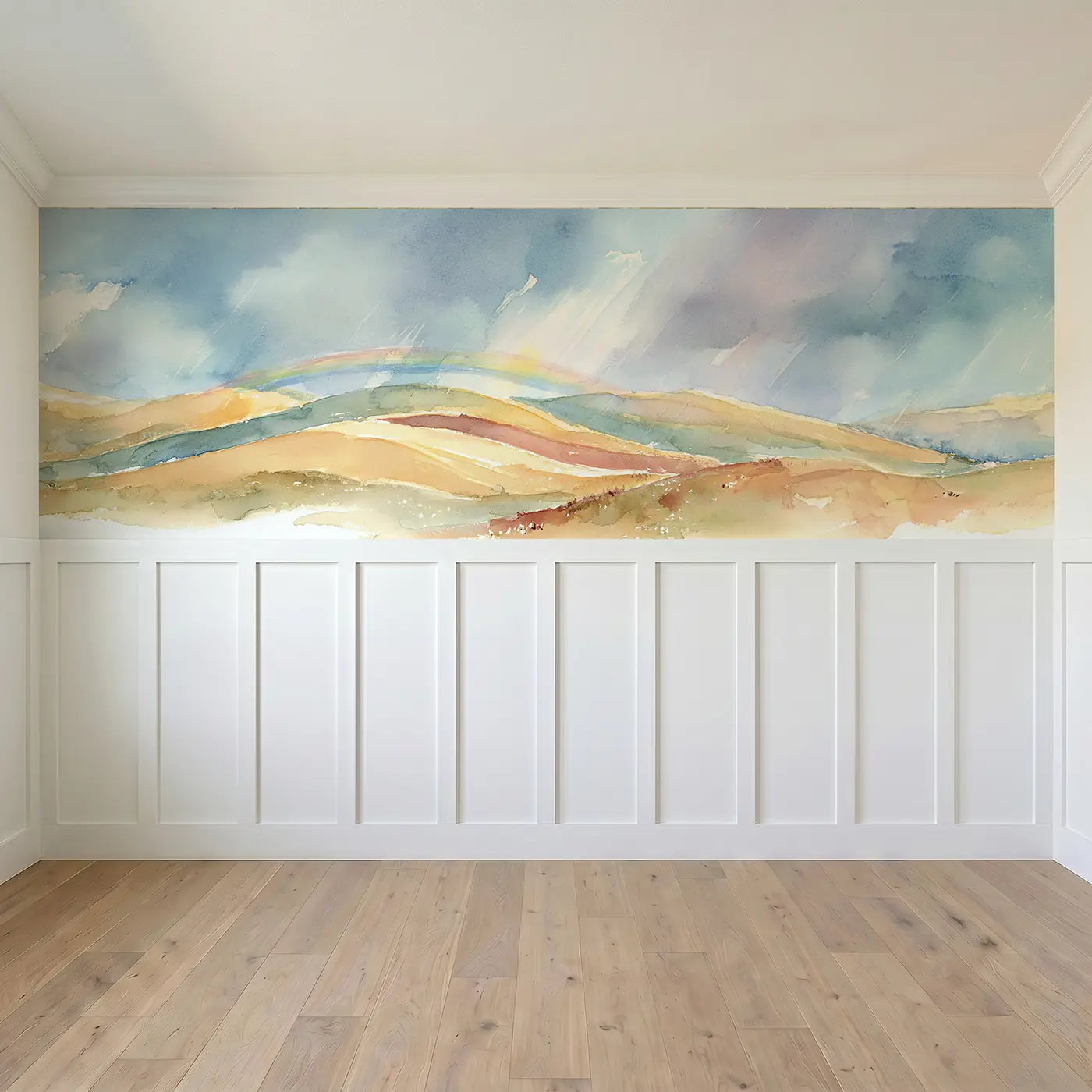 Full panel view of Painted Hills Rainbow Wash Wainscoting Wallpaper by Whimsy Tots