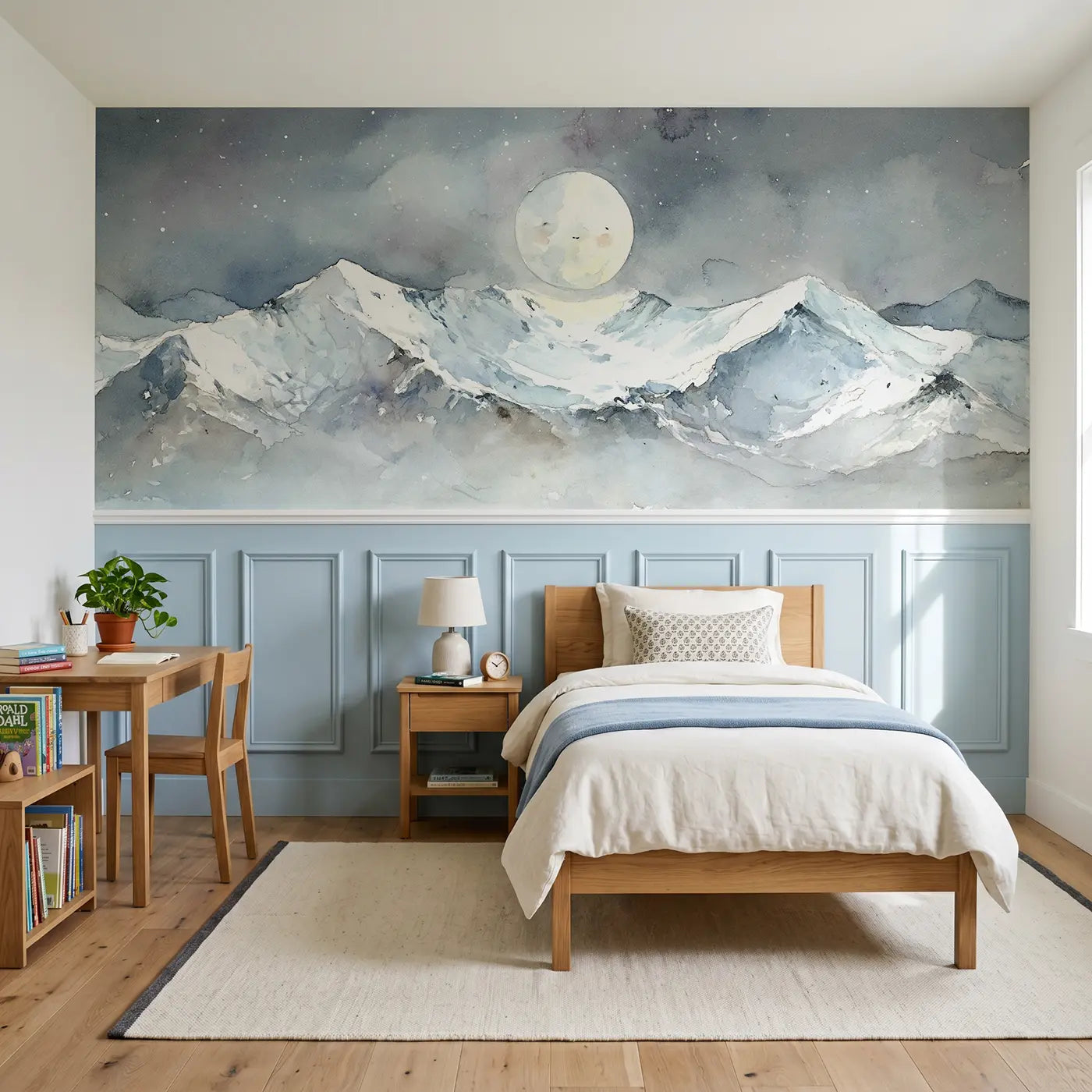 Watercolor snow peak moonrise wainscoting wallpaper for bedroom by Whimsy Tots