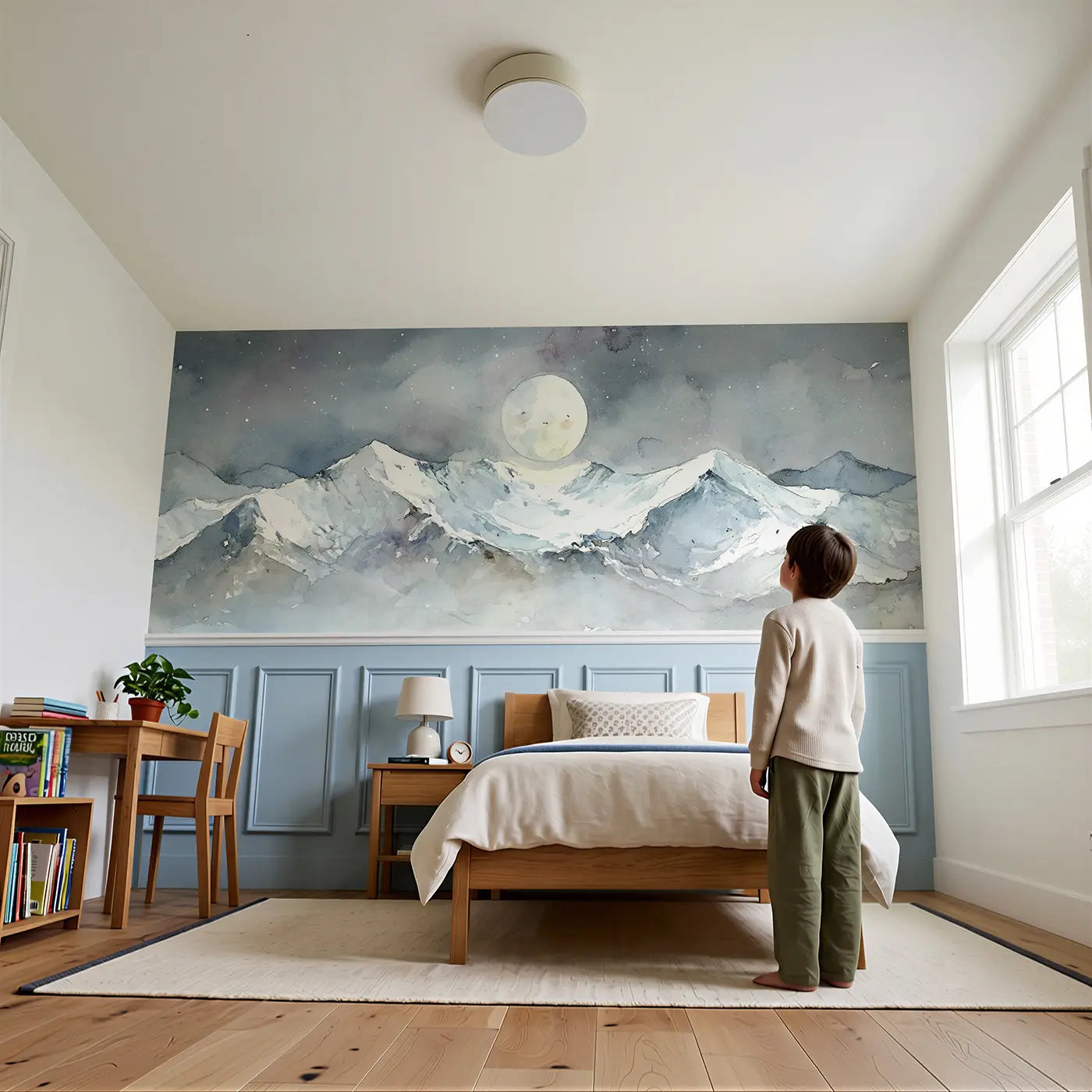 Child reading near Snow Peak Moonrise Wainscoting Wallpaper by Whimsy Tots