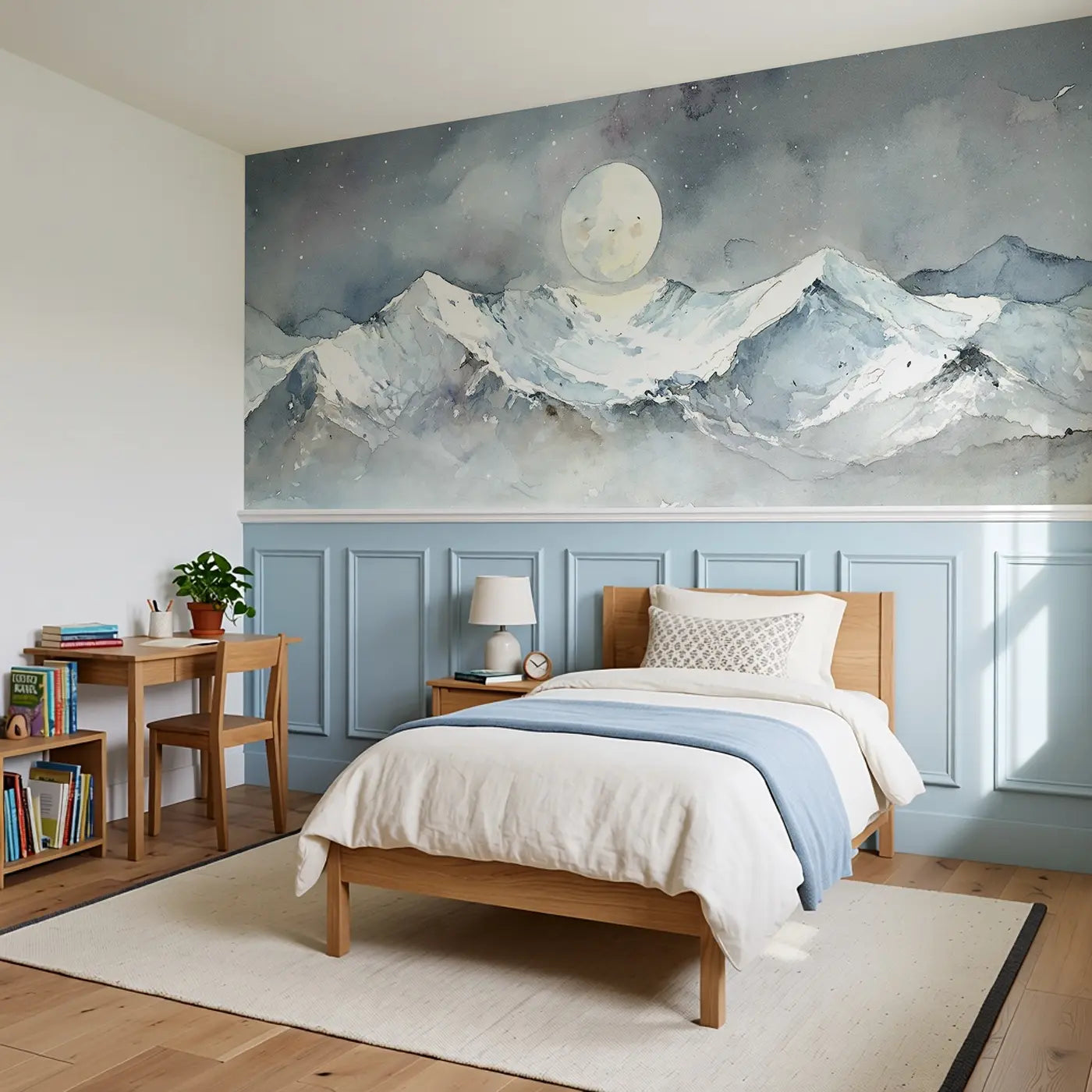 Snow Peak Moonrise Wainscoting Wallpaper styled in a kids bedroom by Whimsy Tots