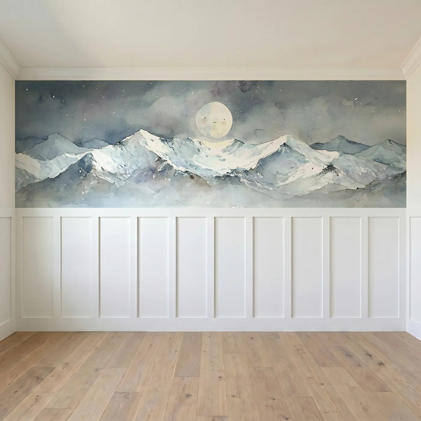 Full panel view of Snow Peak Moonrise Wainscoting Wallpaper by Whimsy Tots