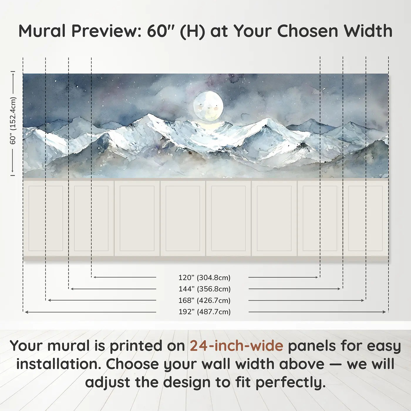 Panel dimensions for Snow Peak Moonrise Wainscoting Wallpaper by Whimsy Tots