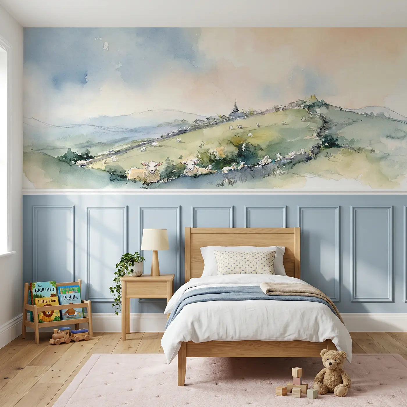 Watercolor rolling countryside hills wainscoting wallpaper for bedroom by Whimsy Tots