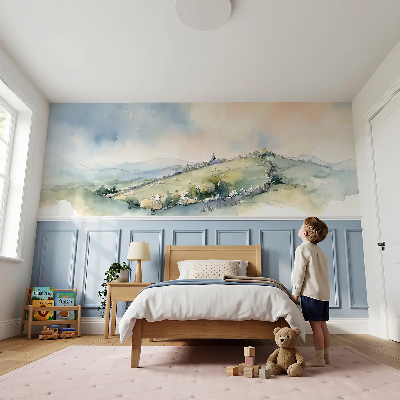 Child reading near Rolling Countryside Hills Wainscoting Wallpaper by Whimsy Tots
