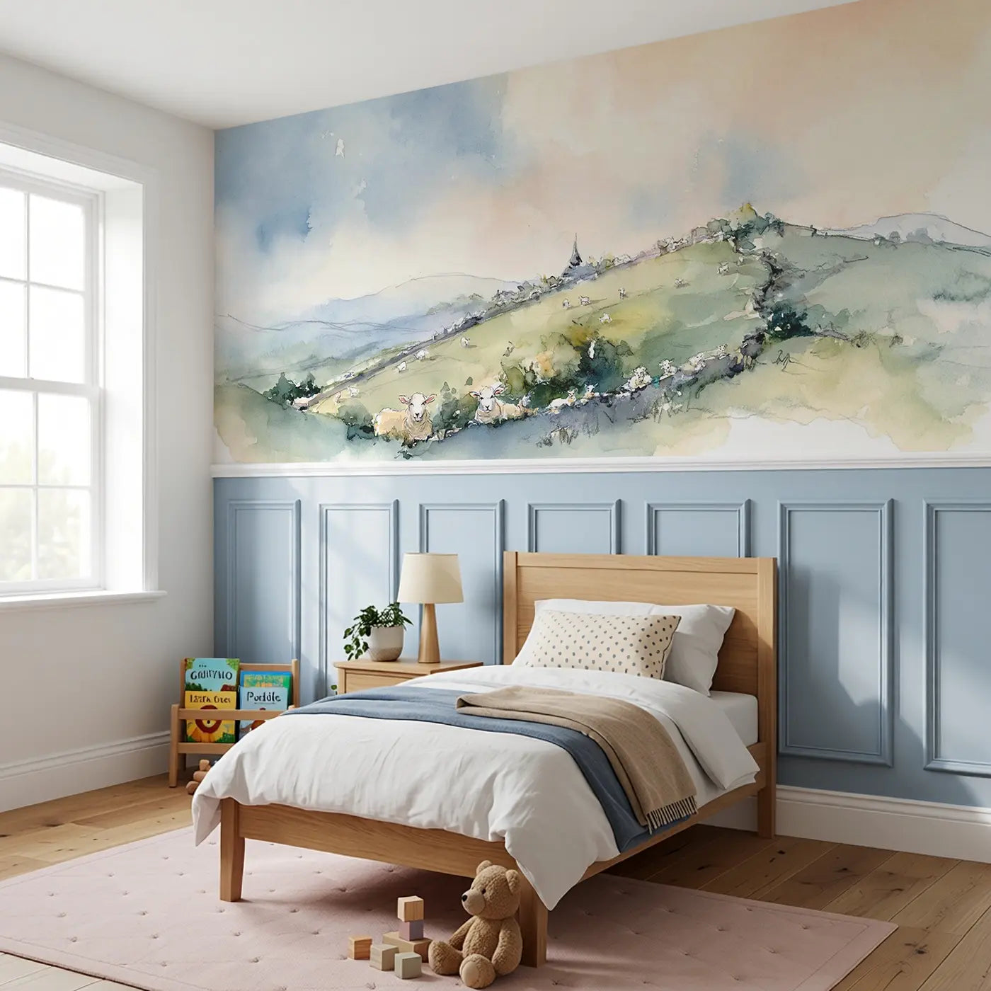 Rolling Countryside Hills Wainscoting Wallpaper styled in a kids bedroom by Whimsy Tots