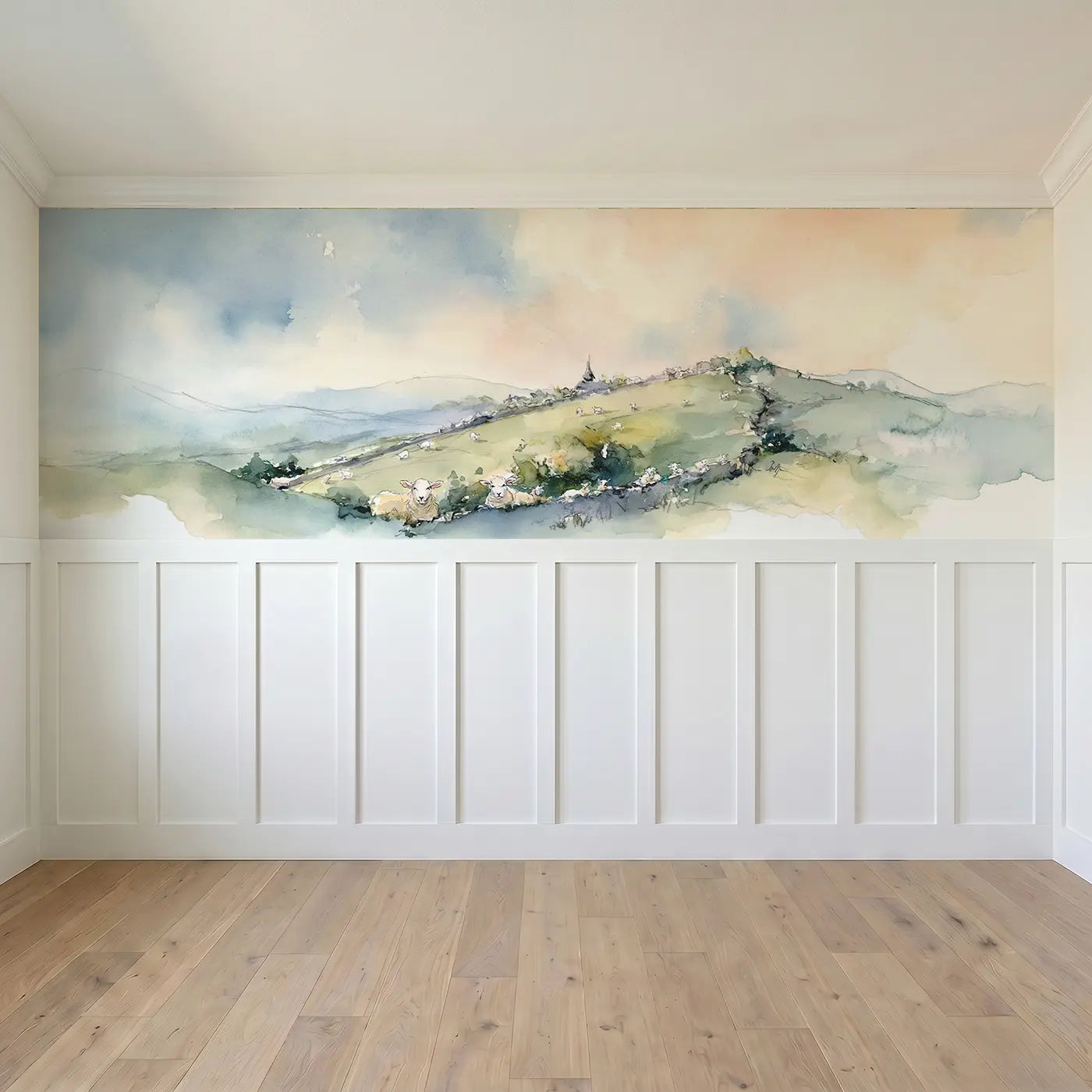 Full panel view of Rolling Countryside Hills Wainscoting Wallpaper by Whimsy Tots