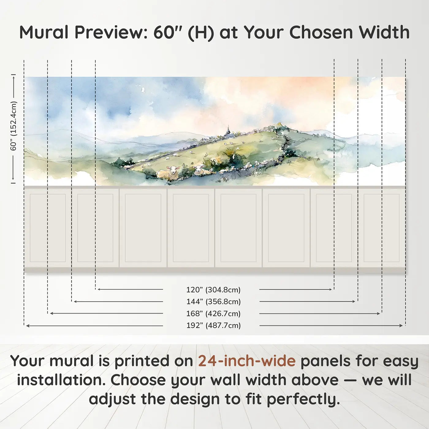 Panel dimensions for Rolling Countryside Hills Wainscoting Wallpaper by Whimsy Tots