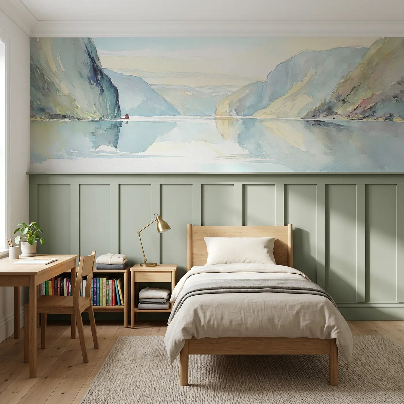 Watercolor fjord morning wainscoting wallpaper for bedroom by Whimsy Tots