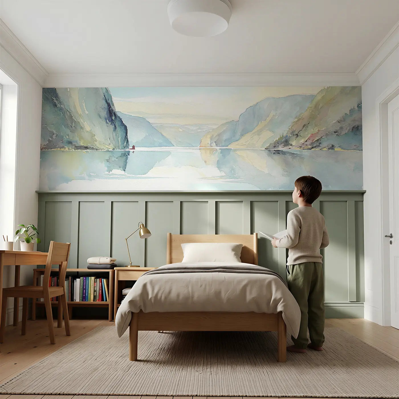 Child reading near Watercolor Fjord Morning Wainscoting Wallpaper by Whimsy Tots