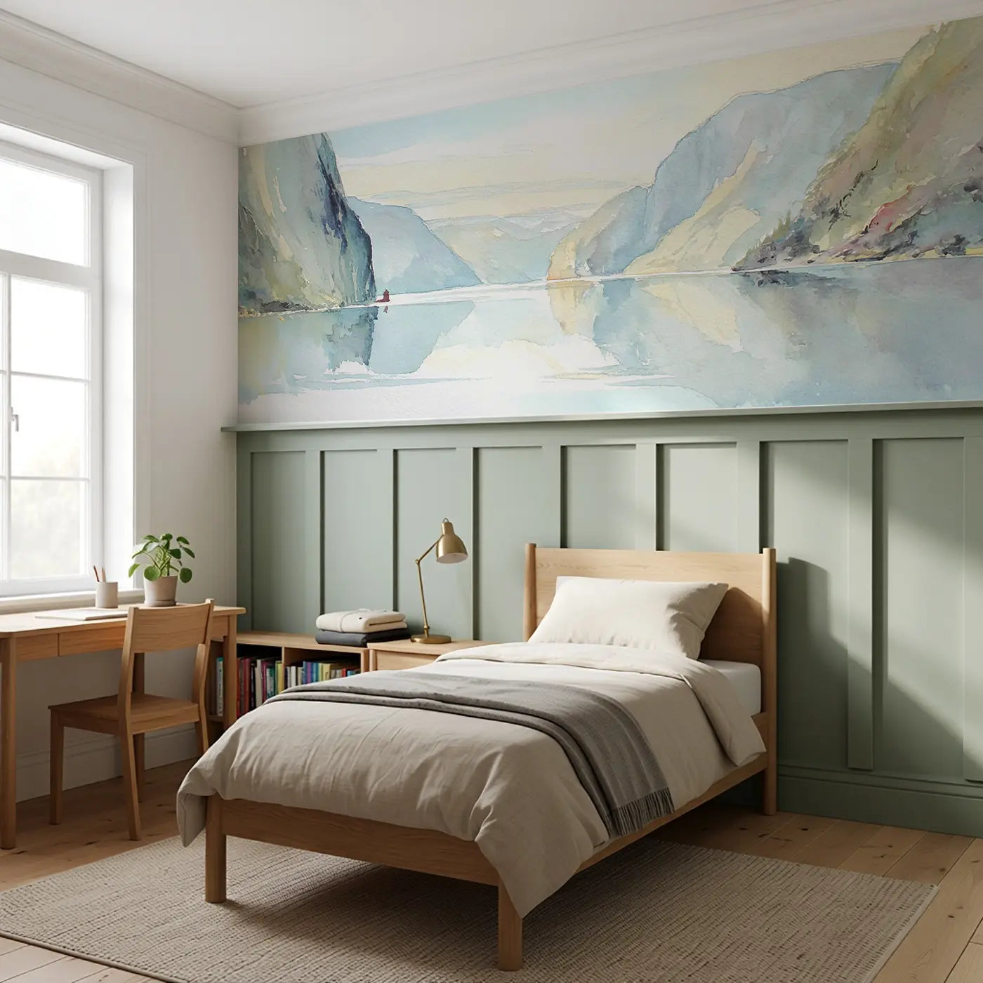 Watercolor Fjord Morning Wainscoting Wallpaper styled in a kids bedroom by Whimsy Tots