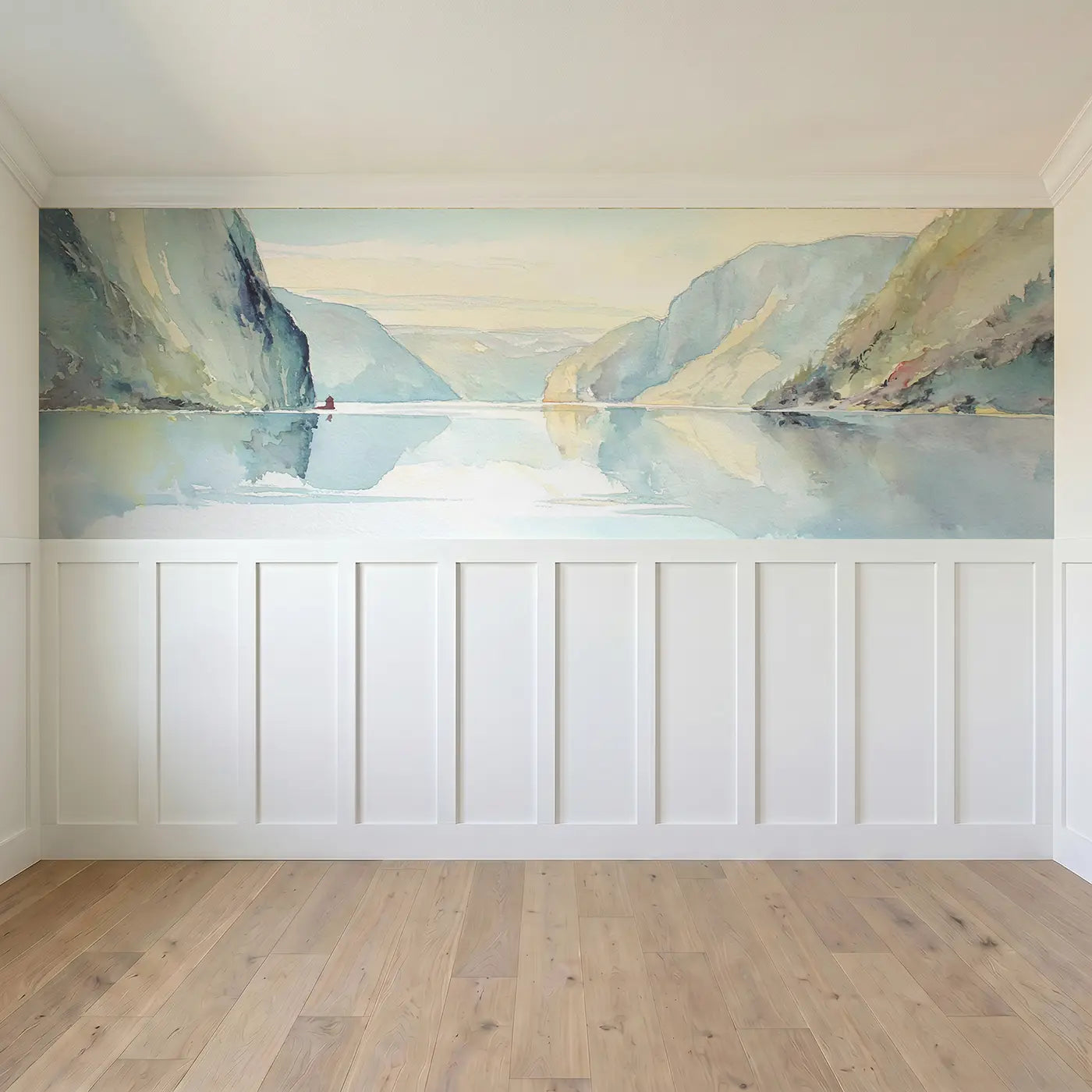 Full panel view of Watercolor Fjord Morning Wainscoting Wallpaper by Whimsy Tots