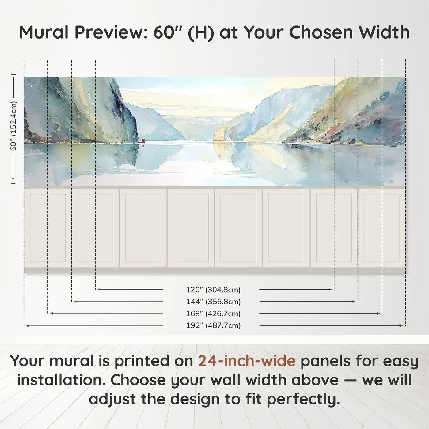 Panel dimensions for Watercolor Fjord Morning Wainscoting Wallpaper by Whimsy Tots