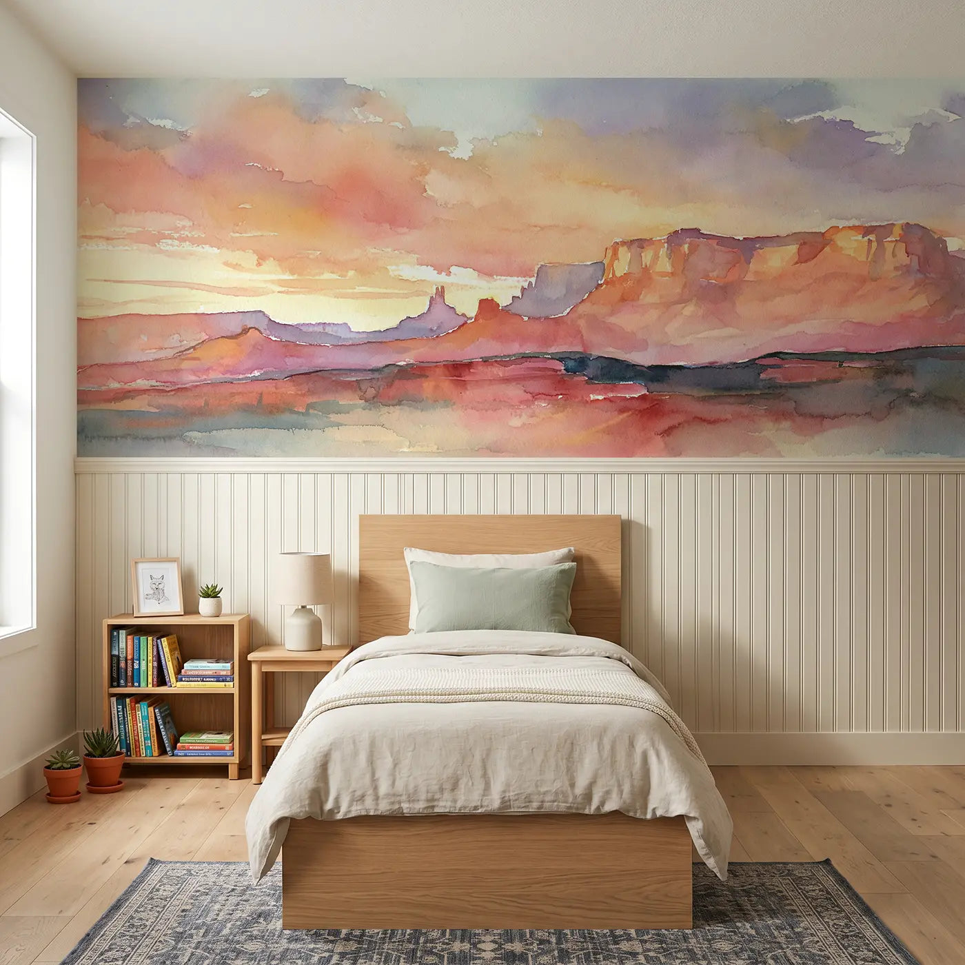 Watercolor desert canyon sunset wash wainscoting wallpaper for bedroom by Whimsy Tots