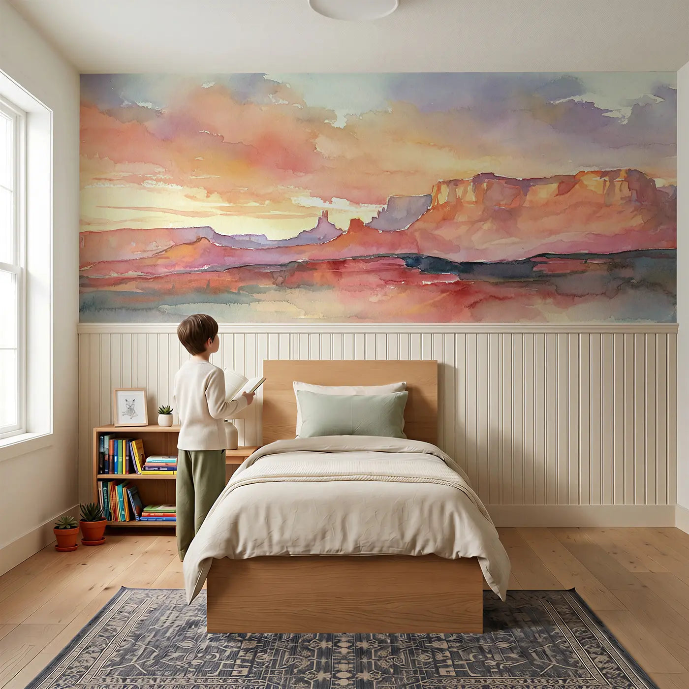 Child reading near Desert Canyon Sunset Wash Wainscoting Wallpaper by Whimsy Tots