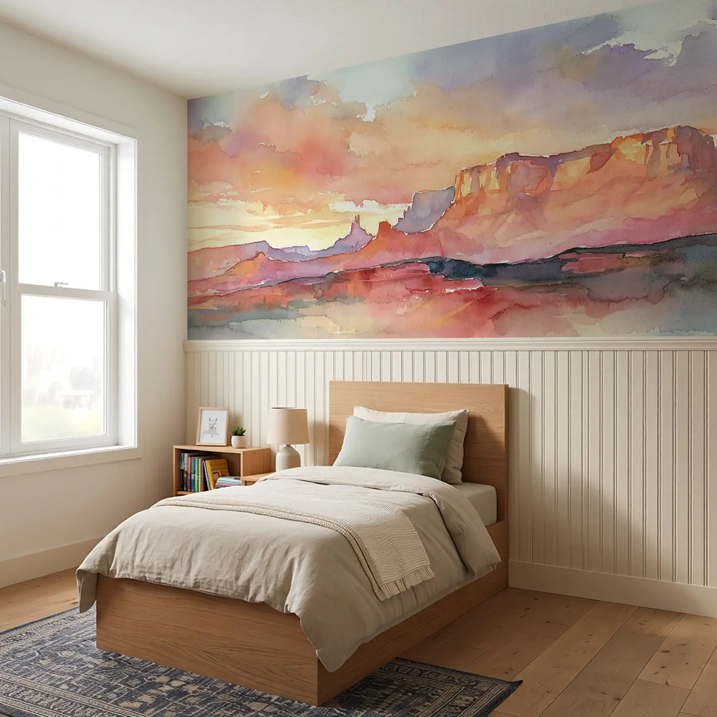Desert Canyon Sunset Wash Wainscoting Wallpaper styled in a kids bedroom by Whimsy Tots