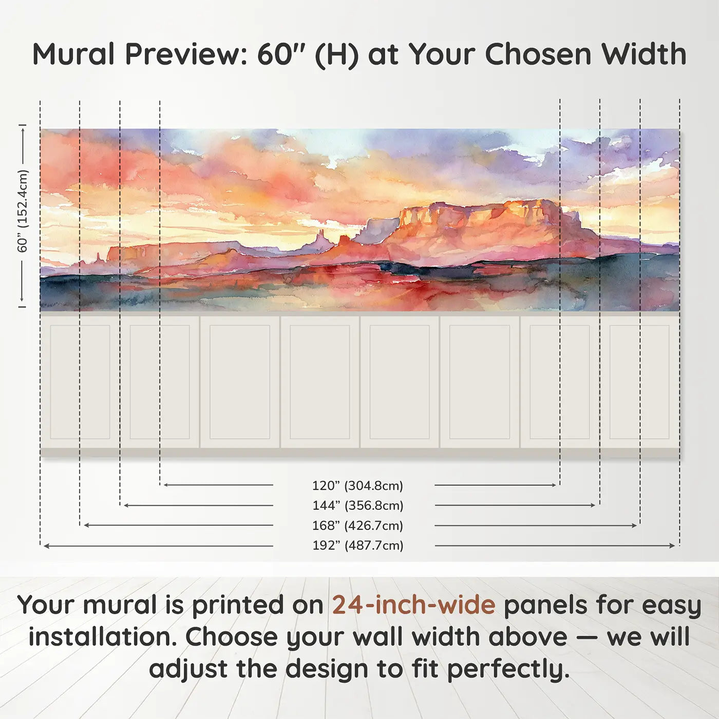 Panel dimensions for Desert Canyon Sunset Wash Wainscoting Wallpaper by Whimsy Tots
