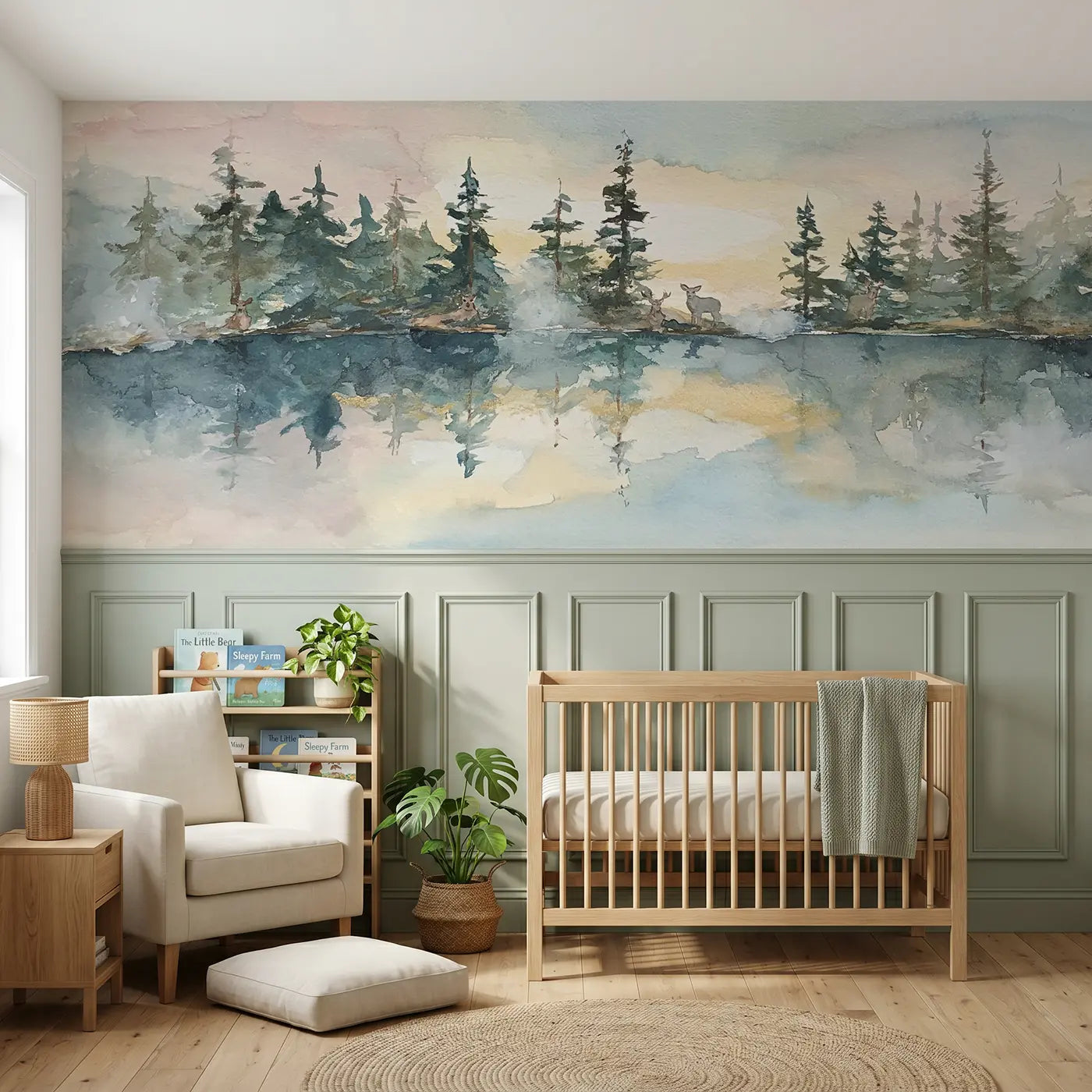 Watercolor morning mist lake pines wainscoting wallpaper for nursery by Whimsy Tots