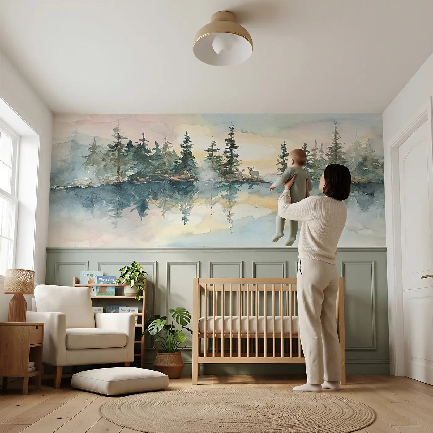 Child reading near Morning Mist Lake Pines Wainscoting Wallpaper by Whimsy Tots