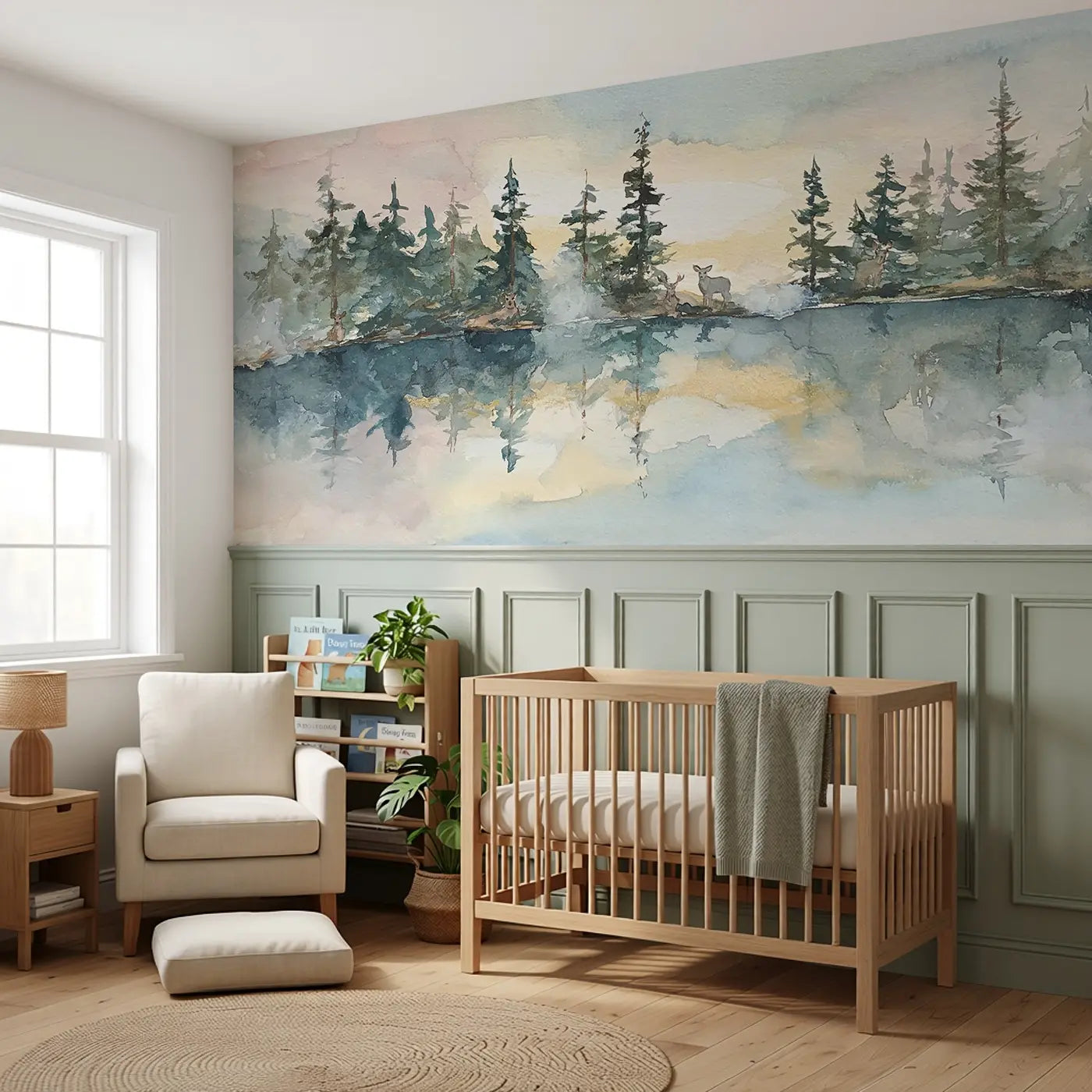 Morning Mist Lake Pines Wainscoting Wallpaper styled in a kids bedroom by Whimsy Tots