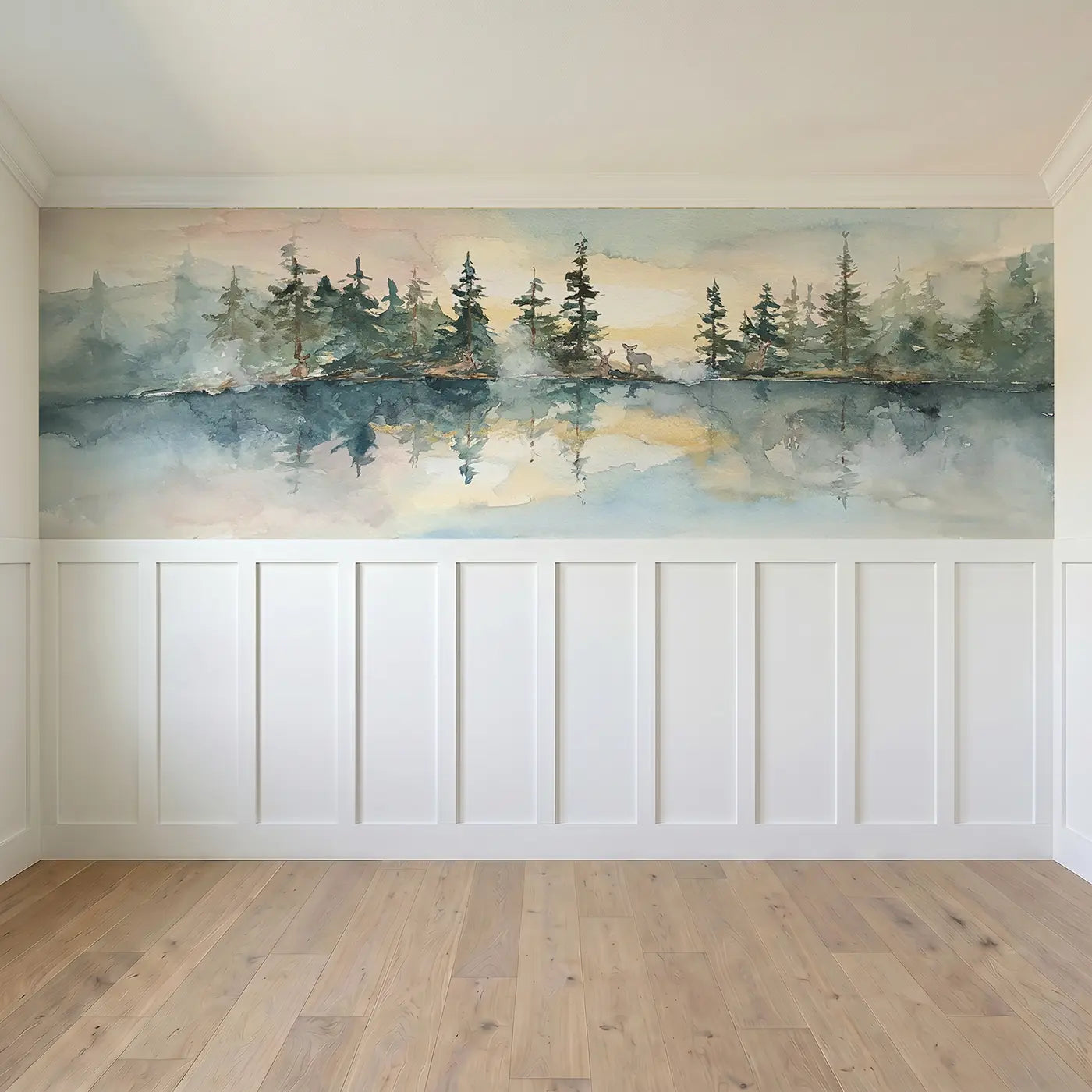 Full panel view of Morning Mist Lake Pines Wainscoting Wallpaper by Whimsy Tots