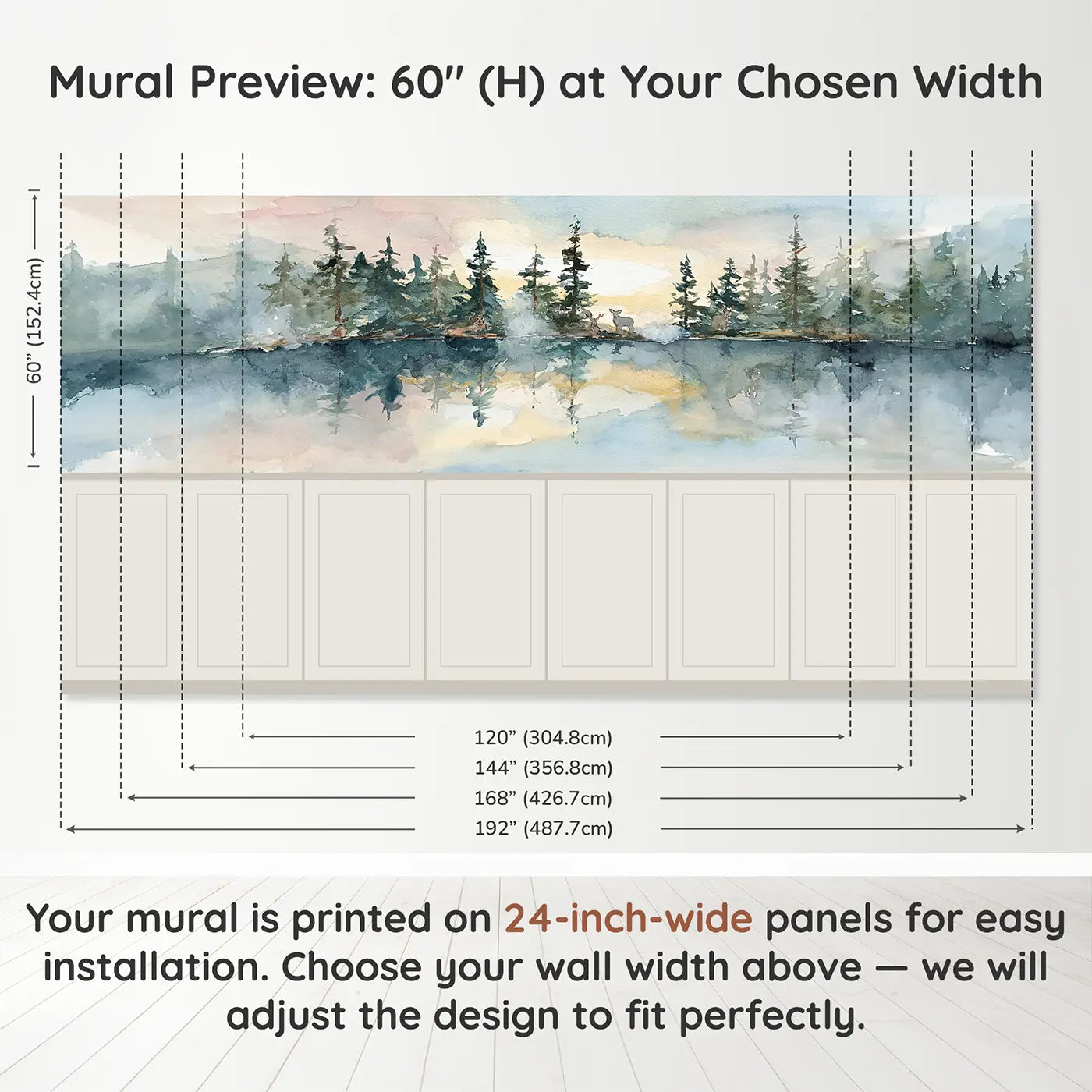 Panel dimensions for Morning Mist Lake Pines Wainscoting Wallpaper by Whimsy Tots