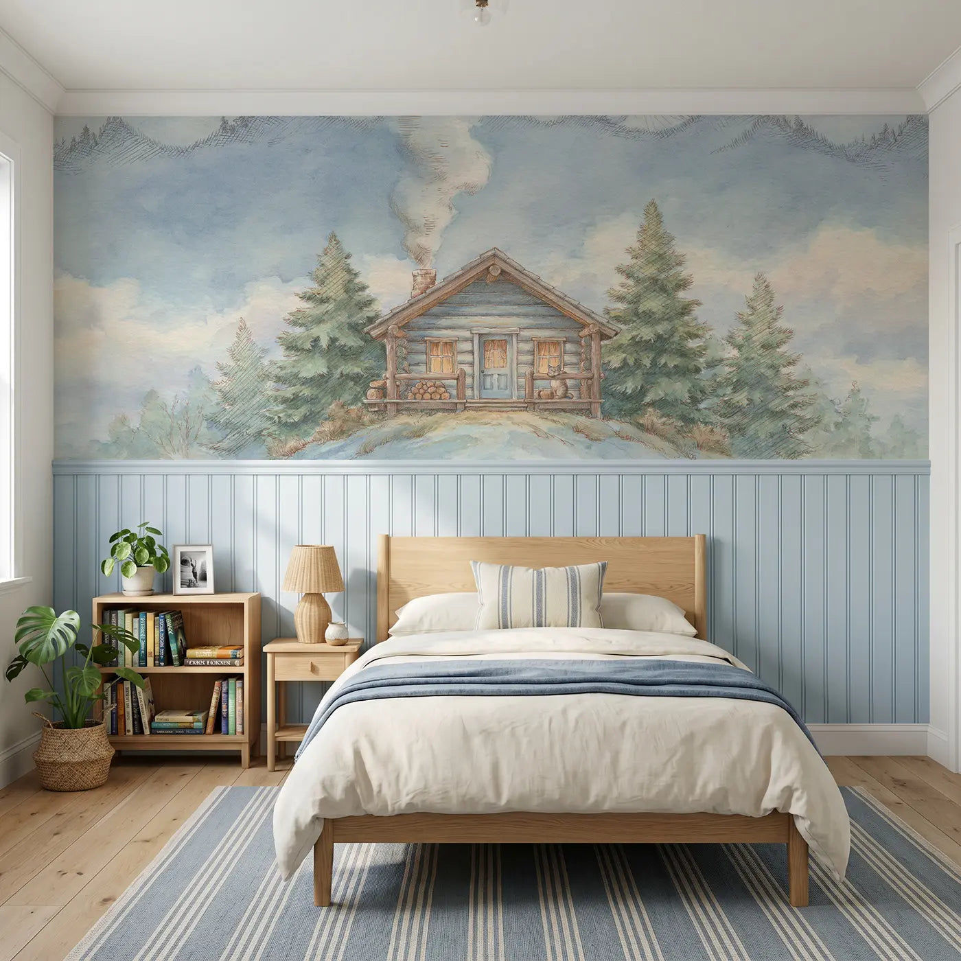 Storybook mountain cabin chimney smoke wainscoting wallpaper for bedroom by Whimsy Tots