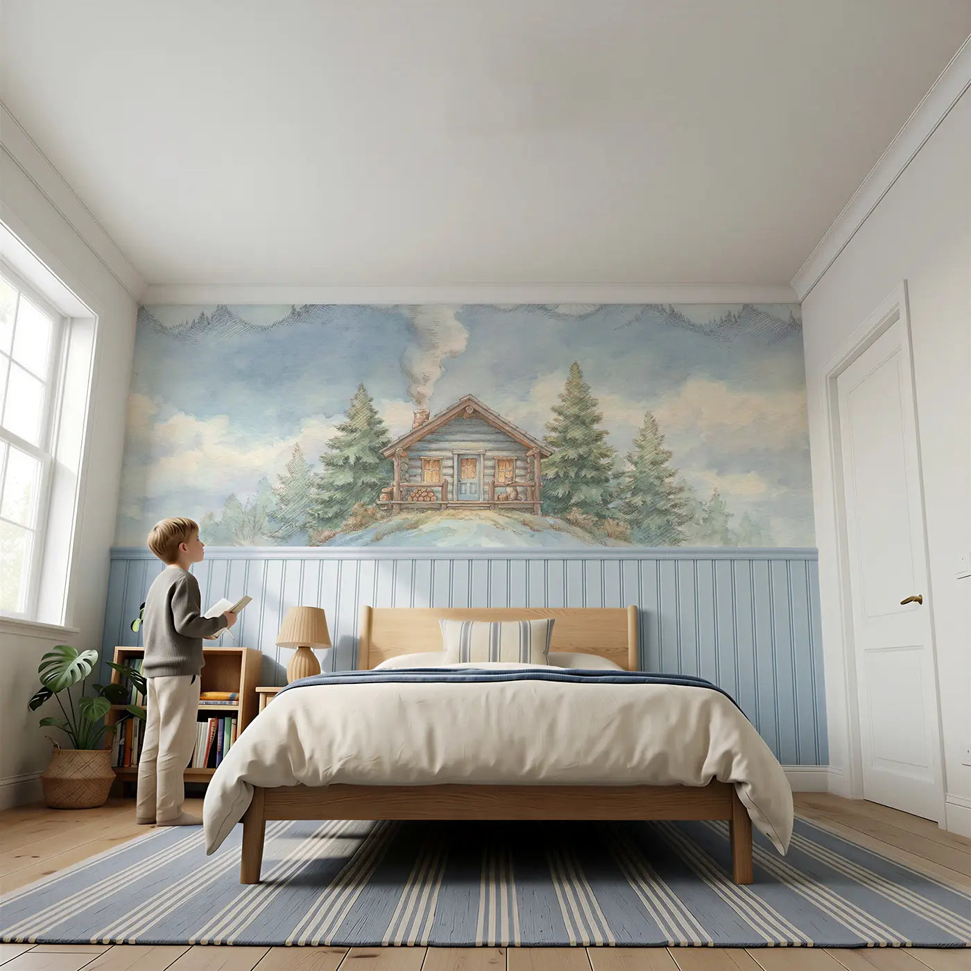 Child reading near Mountain Cabin Chimney Smoke Wainscoting Wallpaper by Whimsy Tots