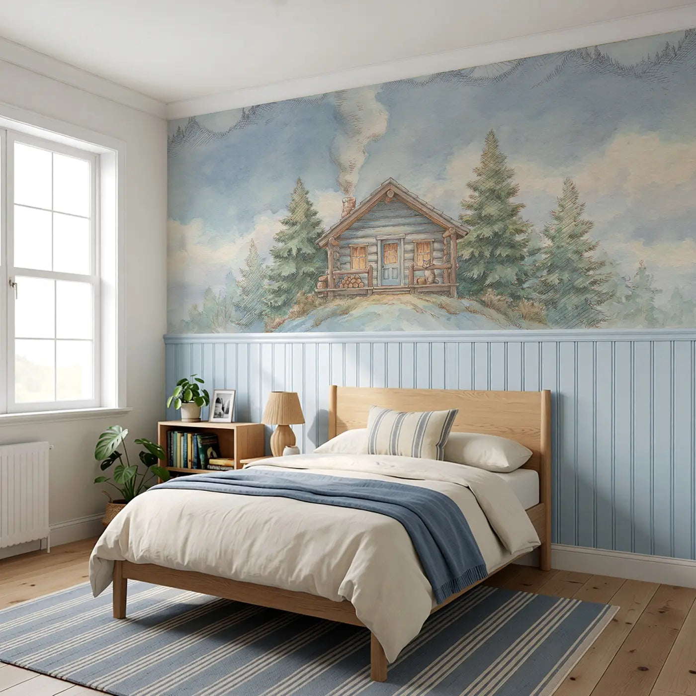 Mountain Cabin Chimney Smoke Wainscoting Wallpaper styled in a kids bedroom by Whimsy Tots