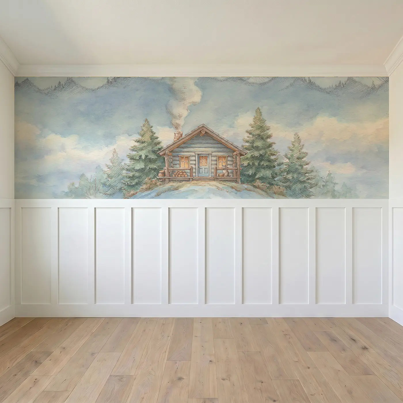 Full panel view of Mountain Cabin Chimney Smoke Wainscoting Wallpaper by Whimsy Tots