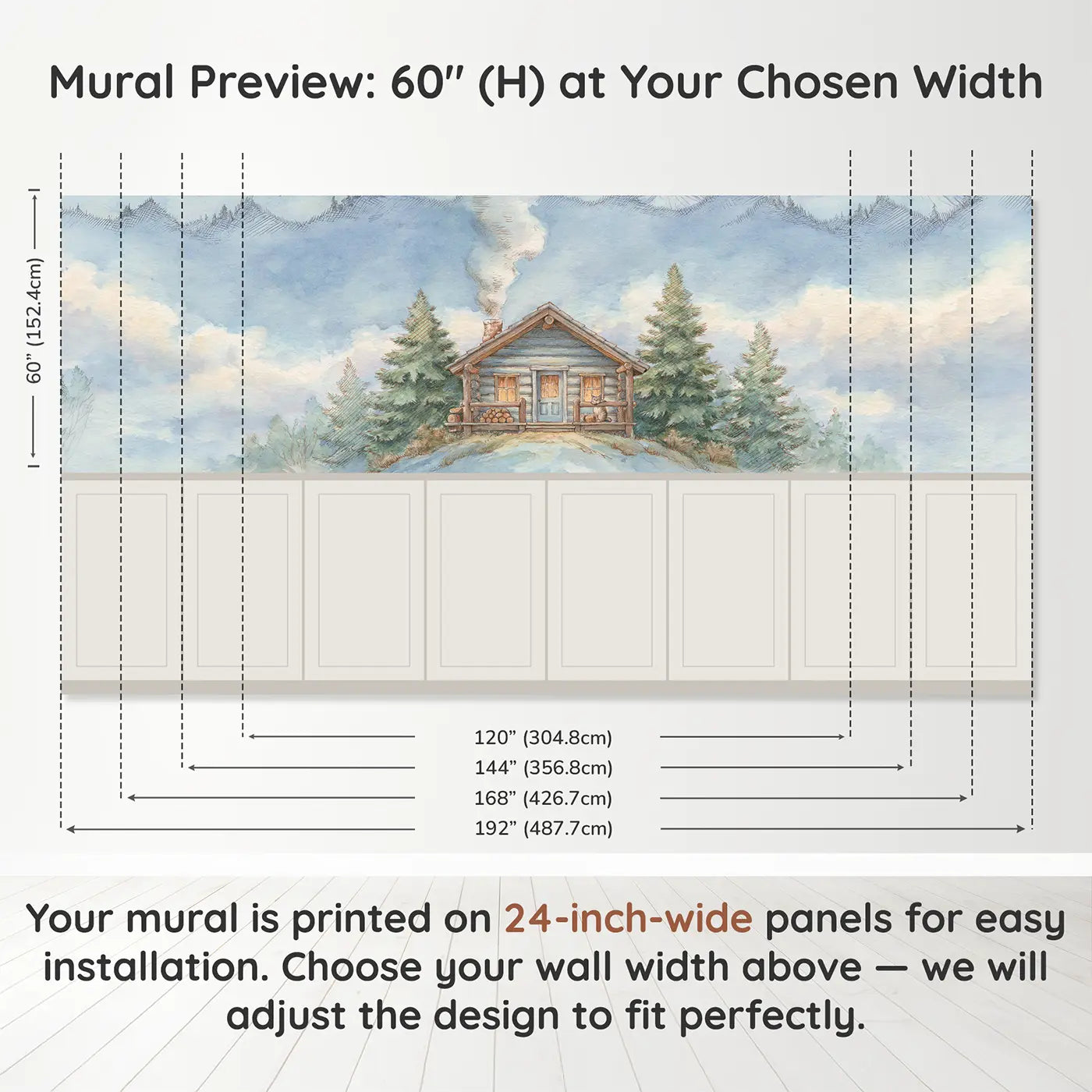 Panel dimensions for Mountain Cabin Chimney Smoke Wainscoting Wallpaper by Whimsy Tots