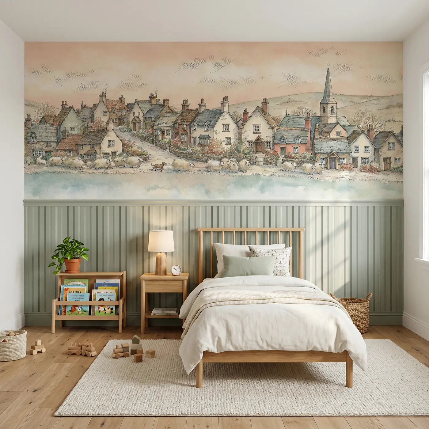 Storybook hill village sheep path wainscoting wallpaper for bedroom by Whimsy Tots
