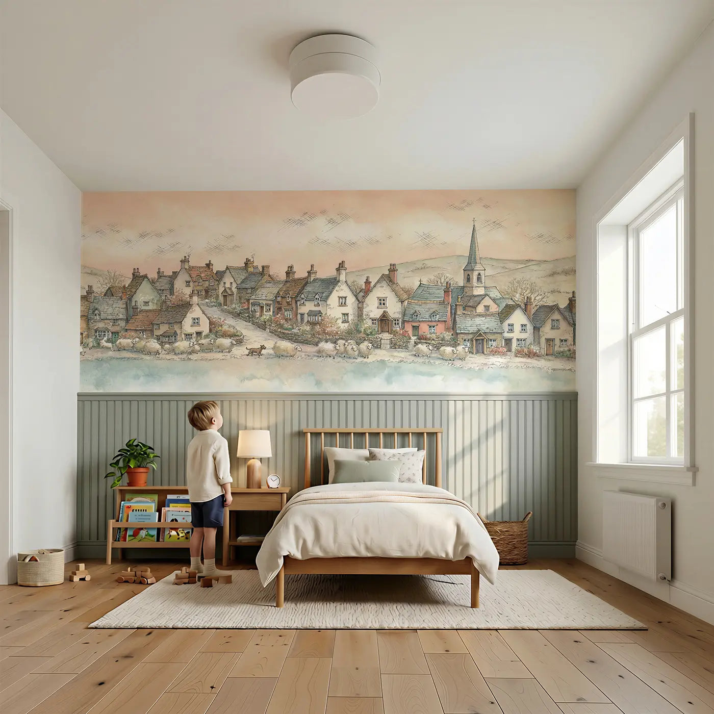 Child reading near Hill Village Sheep Path Wainscoting Wallpaper by Whimsy Tots