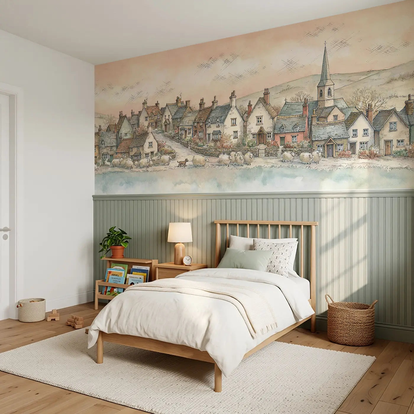 Hill Village Sheep Path Wainscoting Wallpaper styled in a kids bedroom by Whimsy Tots