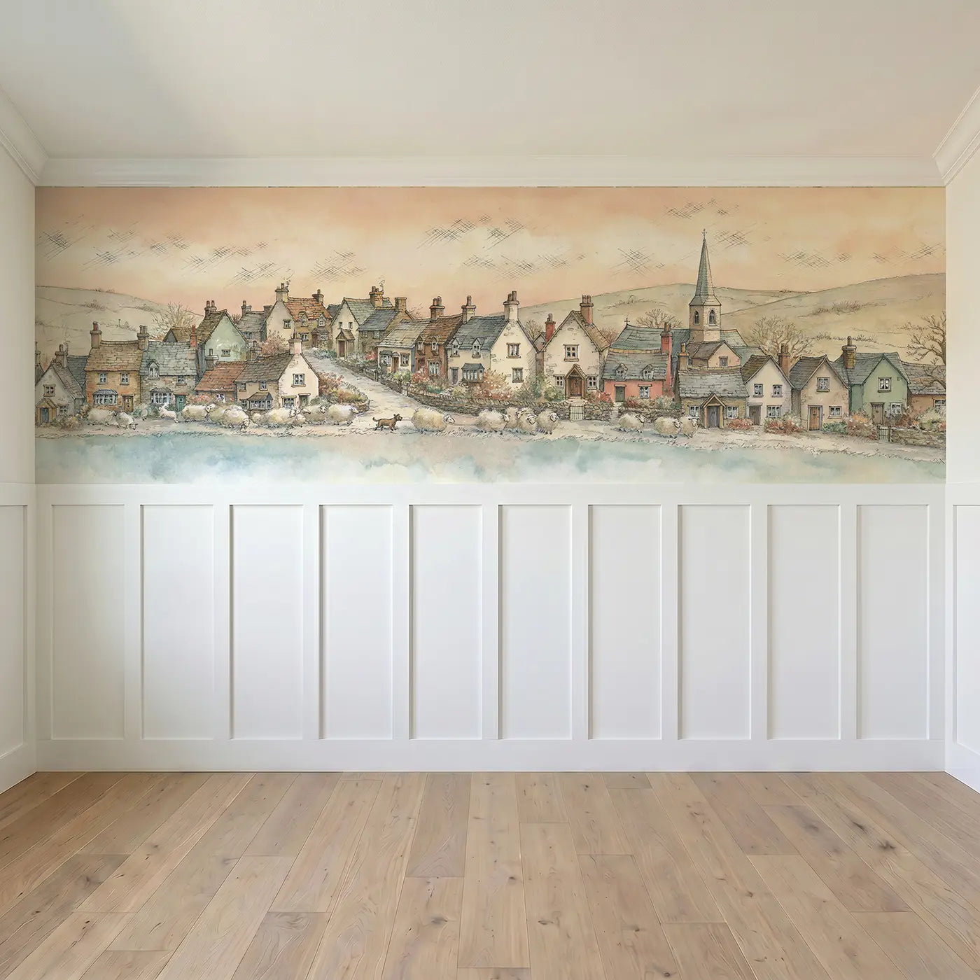 Full panel view of Hill Village Sheep Path Wainscoting Wallpaper by Whimsy Tots