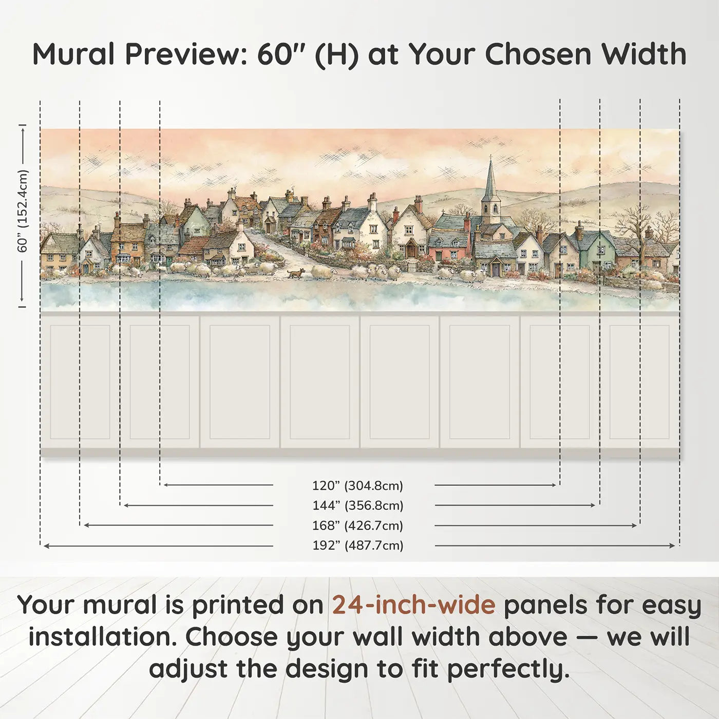 Panel dimensions for Hill Village Sheep Path Wainscoting Wallpaper by Whimsy Tots