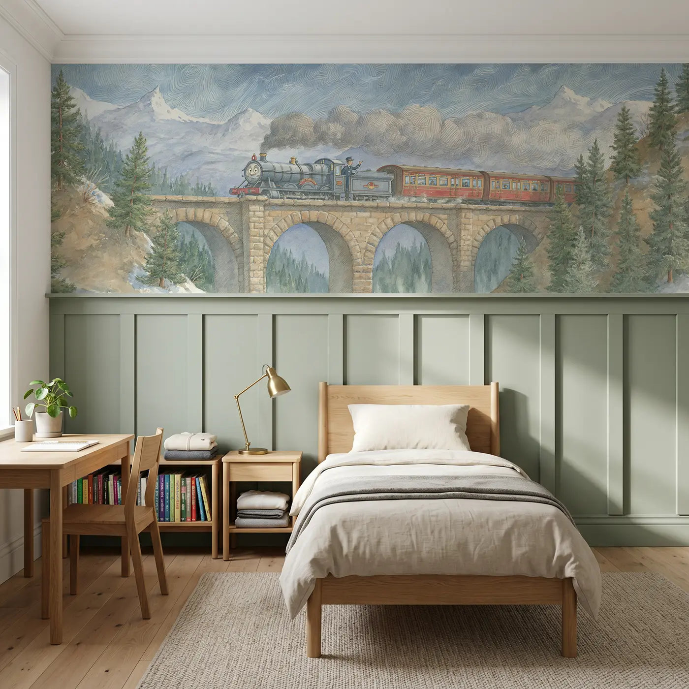 Storybook alpine train bridge crossing wainscoting wallpaper for bedroom by Whimsy Tots