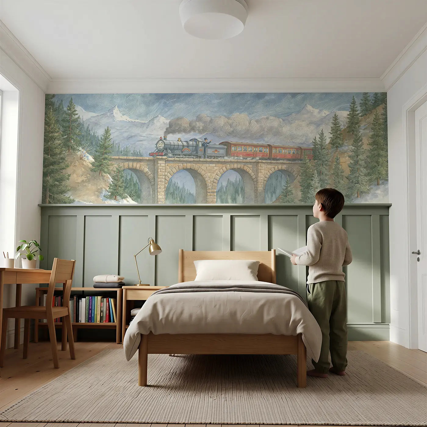 Child reading near Alpine Train Bridge Crossing Wainscoting Wallpaper by Whimsy Tots