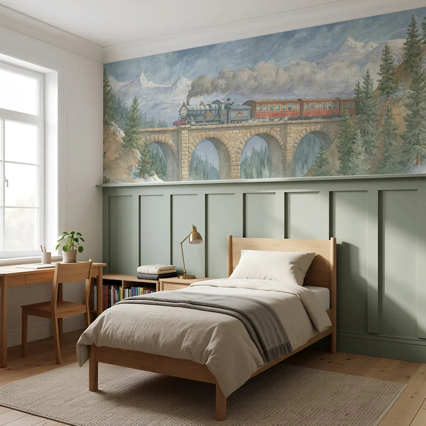 Alpine Train Bridge Crossing Wainscoting Wallpaper styled in a kids bedroom by Whimsy Tots