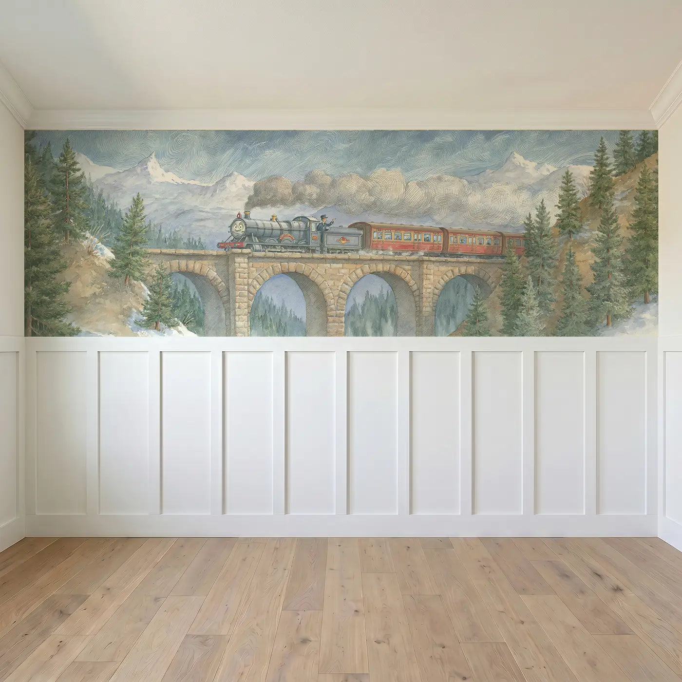Full panel view of Alpine Train Bridge Crossing Wainscoting Wallpaper by Whimsy Tots