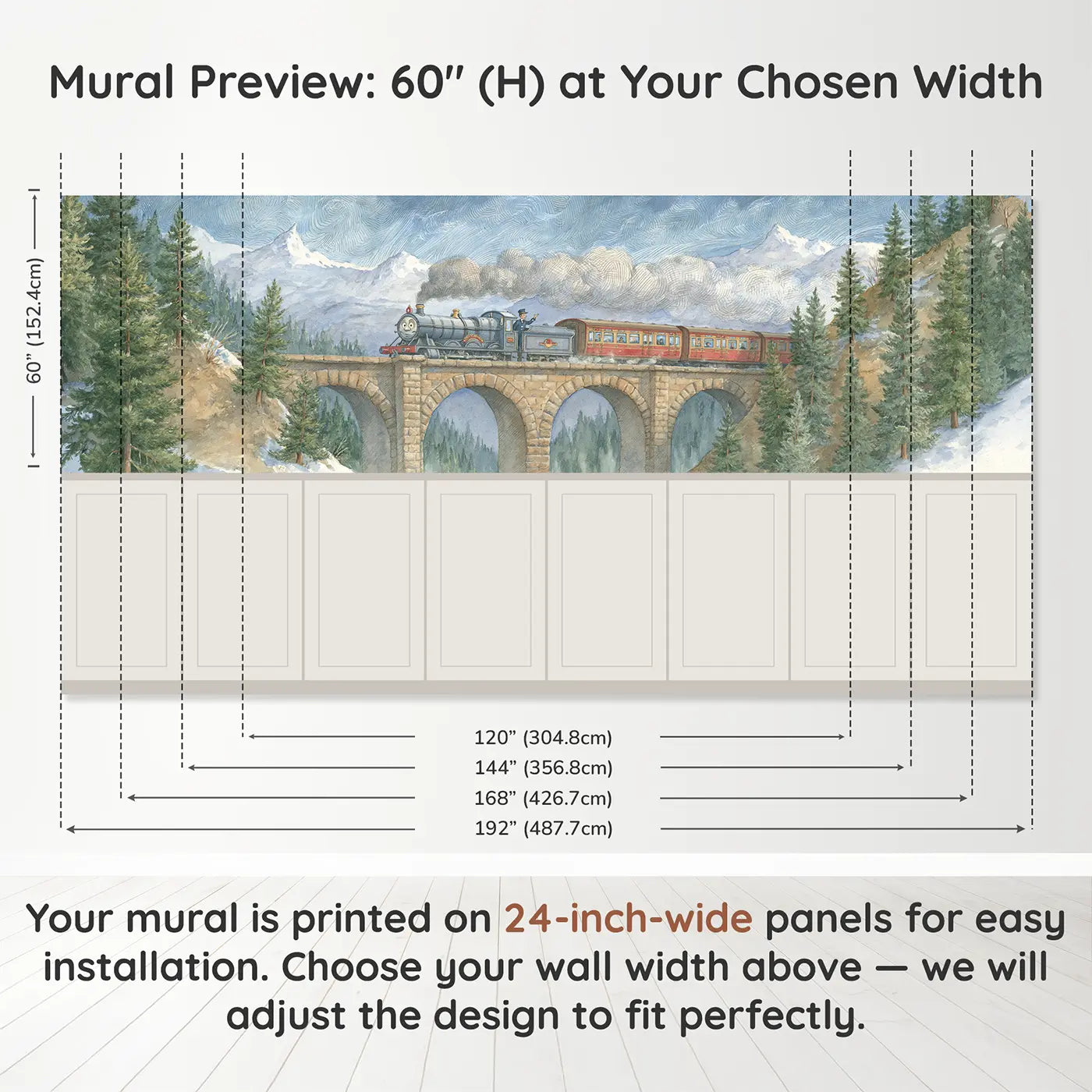 Panel dimensions for Alpine Train Bridge Crossing Wainscoting Wallpaper by Whimsy Tots