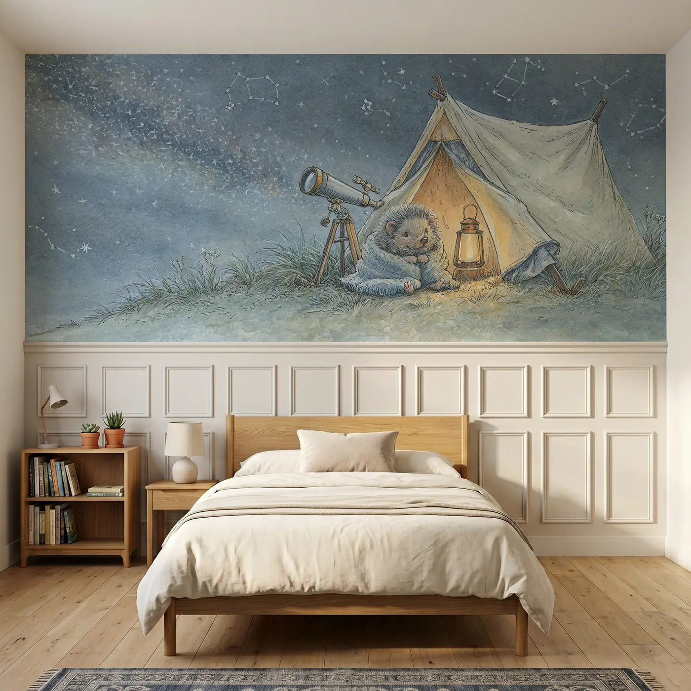 Storybook stargazer hilltop tent wainscoting wallpaper for bedroom by Whimsy Tots